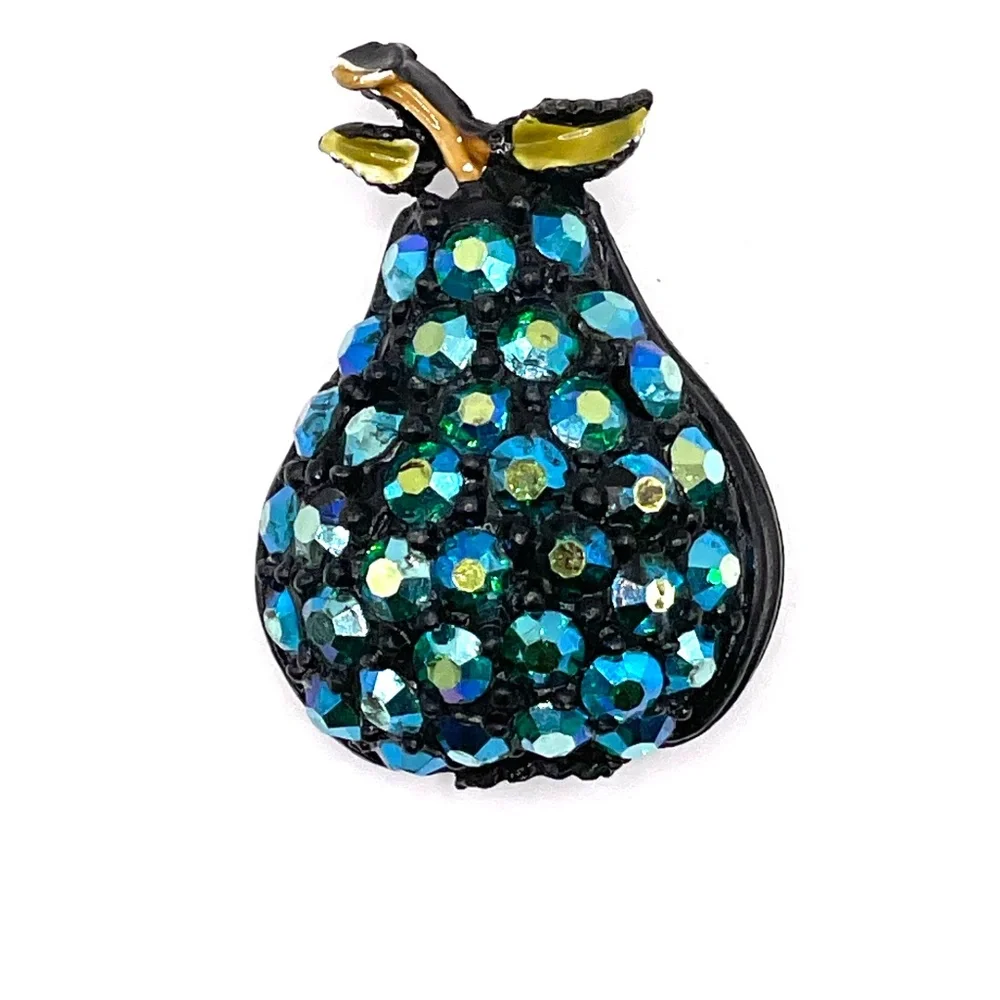 Vintage Japanned Blue AB Rhinestone Pear Pin Brooch